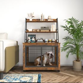 Furniture style dog crate side table with shelves, equipped with double doors and a raised roof. Rustic Brown, 38.58 ''w x 25.5 ''d x 57 ''h