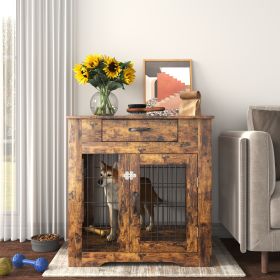 Furniture Style Dog Crate End Table with Drawer;  Pet Kennels with Double Doors;  Dog House Indoor Use; Rustic brown.