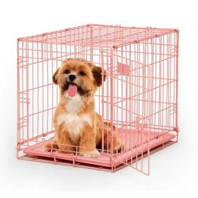Folding Metal Dog Cage, Dividers, Floor Protector Feet, Leak Proof Dog Tray, 24L x 18W x 19H, Pink (Small)