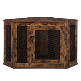 Corner Dog Crate, Lockable Doors, Dog Kennel with Wood and Mesh, Dog Crate for Small/Medium Dogs, Pet Crate Furniture, Dog House, Side End Table, Indo