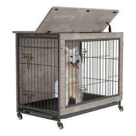 Dog Crate Furniture , 38'' Heavy Duty Wooden Dog Kennel with Double Doors & Flip-Top for Large Dogs, Furniture Style Dog Crate End Table with Wheels,