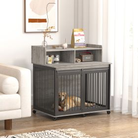 Furniture type dog cage iron frame door with cabinet, top can be opened and closed. Grey, 43.7'' W x 29.9'' D x 42.2'' H