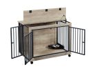 Furniture Style Dog Crate Side Table With Rotatable Feeding Bowl, Wheels, Three Doors, Flip-Up Top Opening. Indoor, Grey, 38.58"W x 25.2"D x 27.17"H