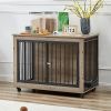 Furniture Style Dog Crate Side Table With Rotatable Feeding Bowl, Wheels, Three Doors, Flip-Up Top Opening. Indoor, Grey, 38.58"W x 25.2"D x 27.17"H