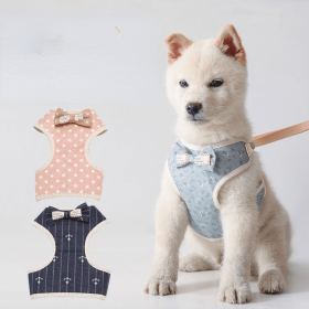Pet leash Bowknot pet chest strap vest  dog leash (Specifications (length * width): S, Color: Light blue flowers)